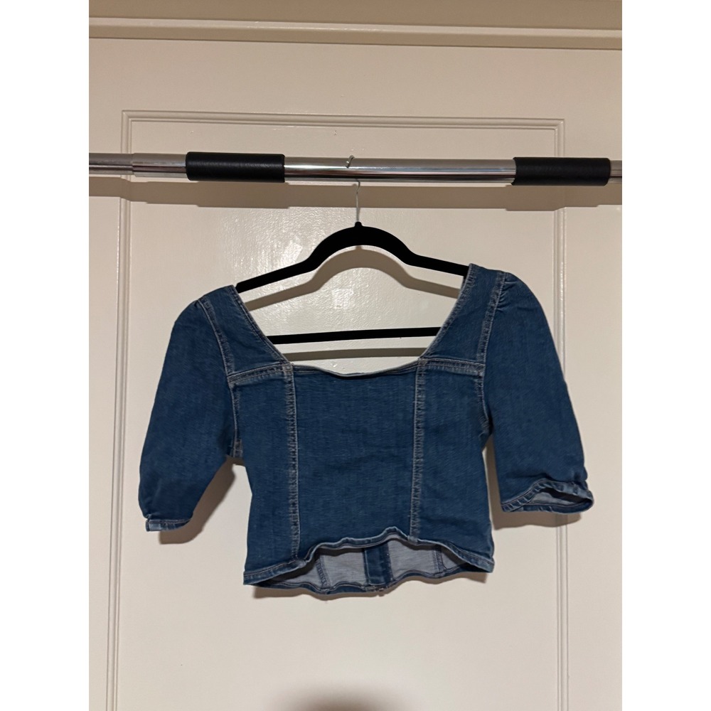 GRLFRND Denim Top Cropped Puff Sleeve Square Neck Dark Wash Cute Blouse - Picture 3 of 8